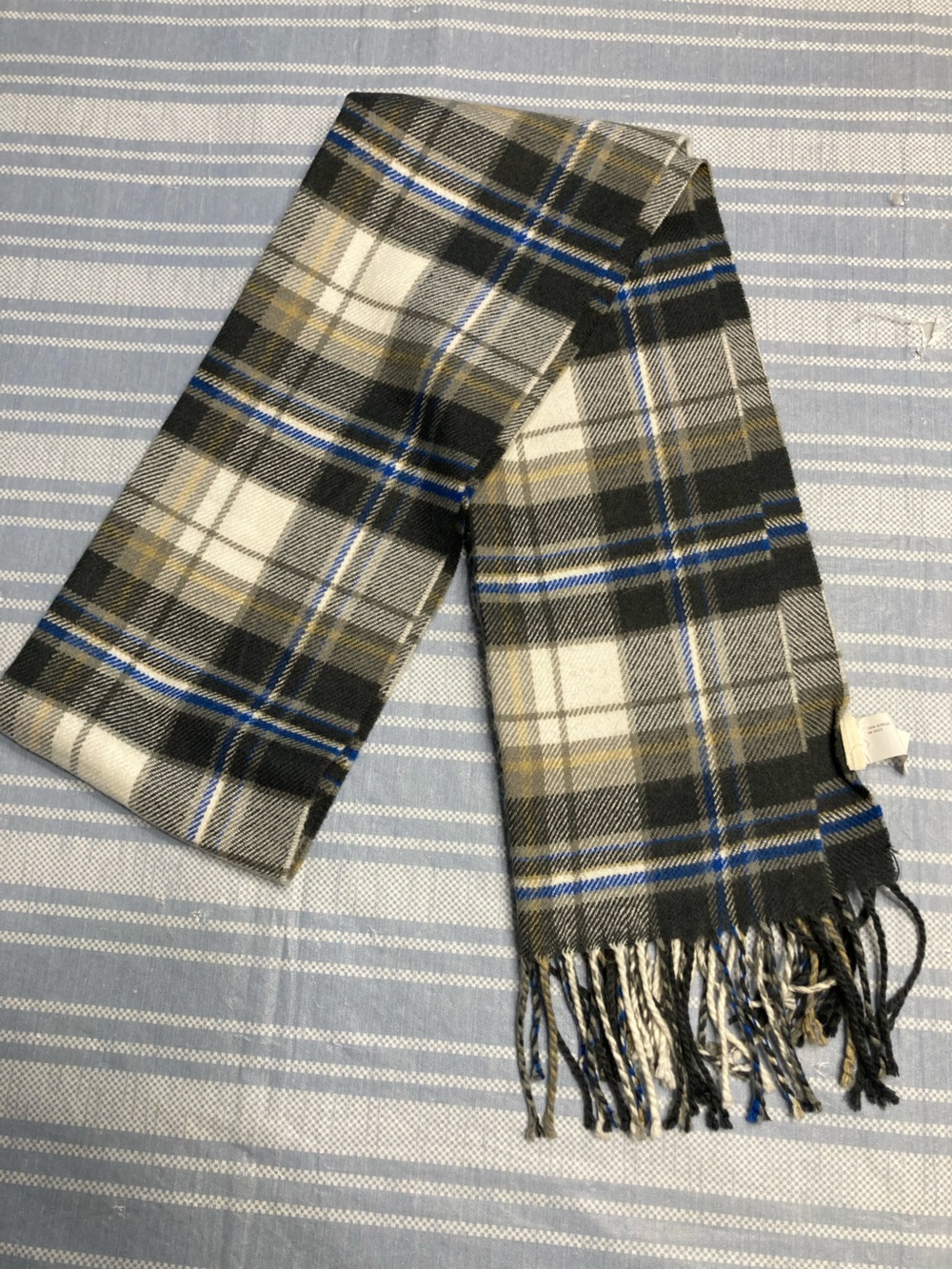 Designer plaid scarf with fringed ends.